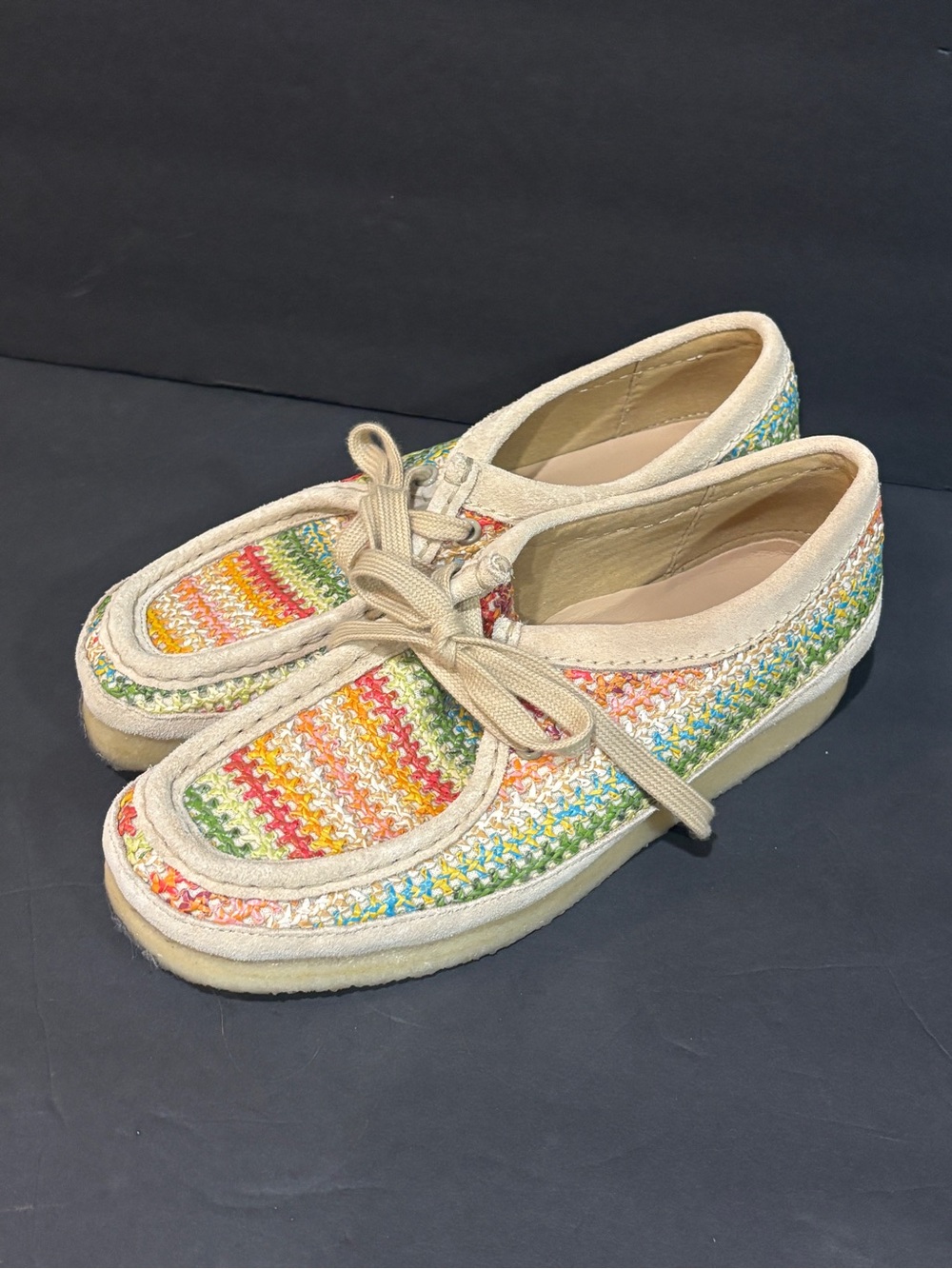 Clarks Wallabee Multicolor Woven Raffia Beige Suede Shoes Women’s 7.5